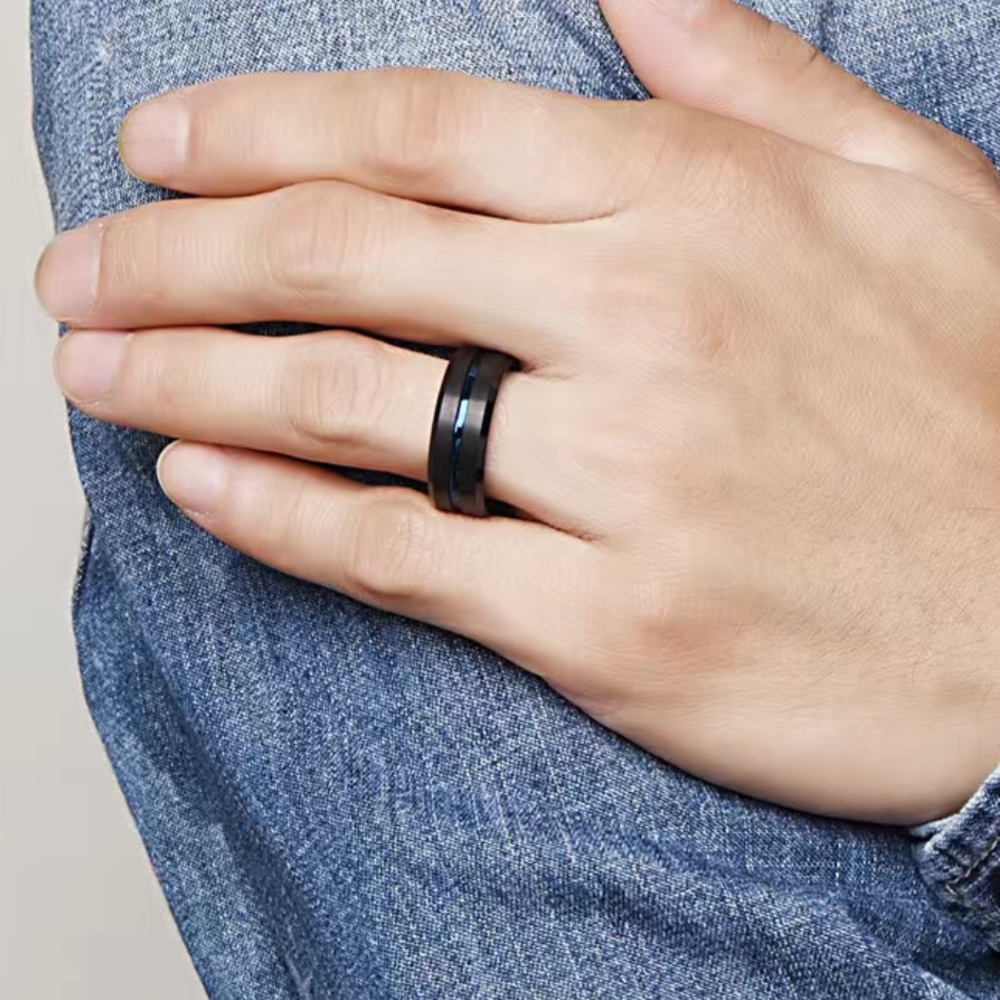 NEW ✨ REAL Tungsten Carbide black & blue Men’s Ring 8mm width DONT MISS out Sz10 - Picture 5 of 7